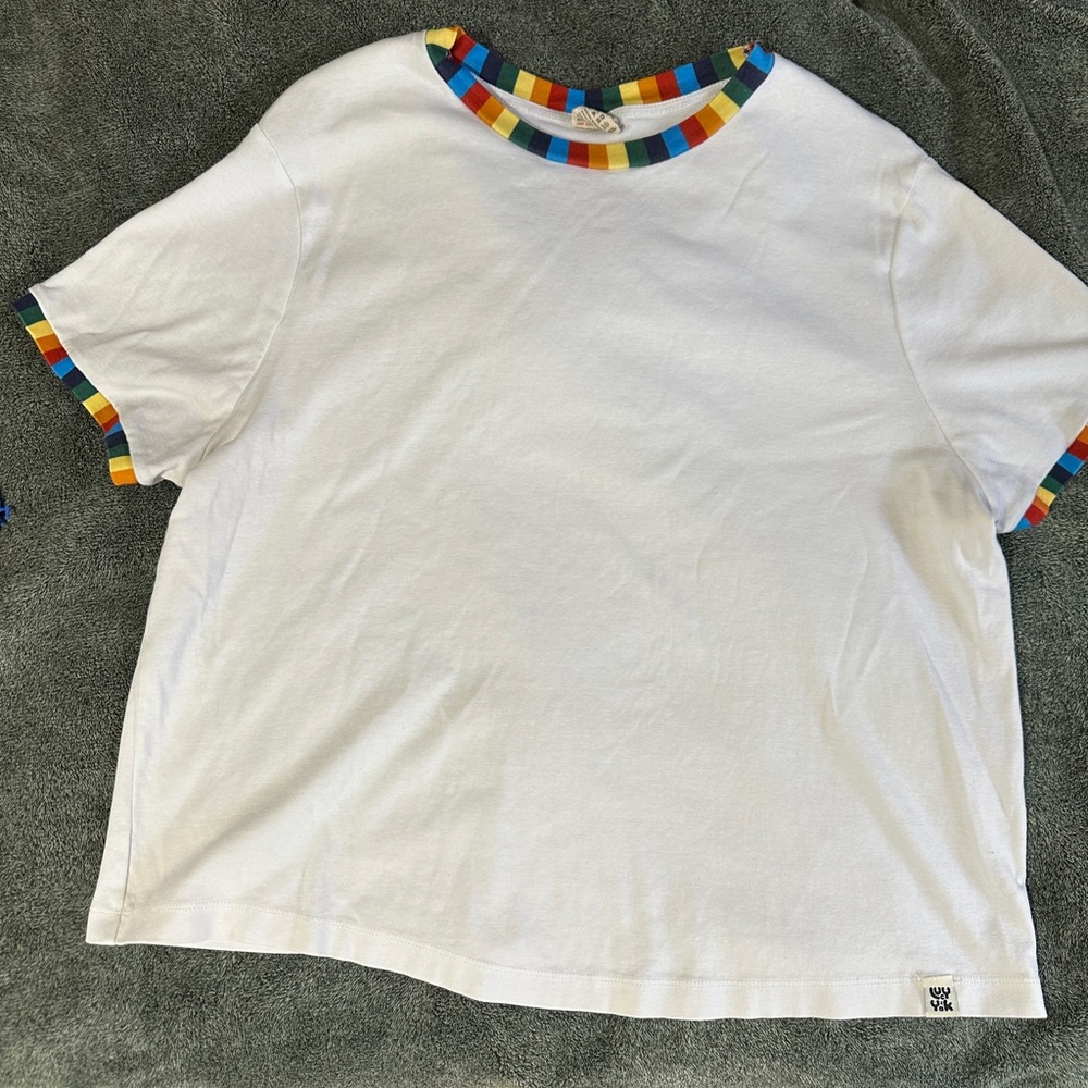 Lucy & Yak White Tee with Rainbow Trim